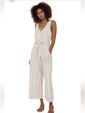 American Eagle Striped Linen-Blend V-Neck Jumpsuit